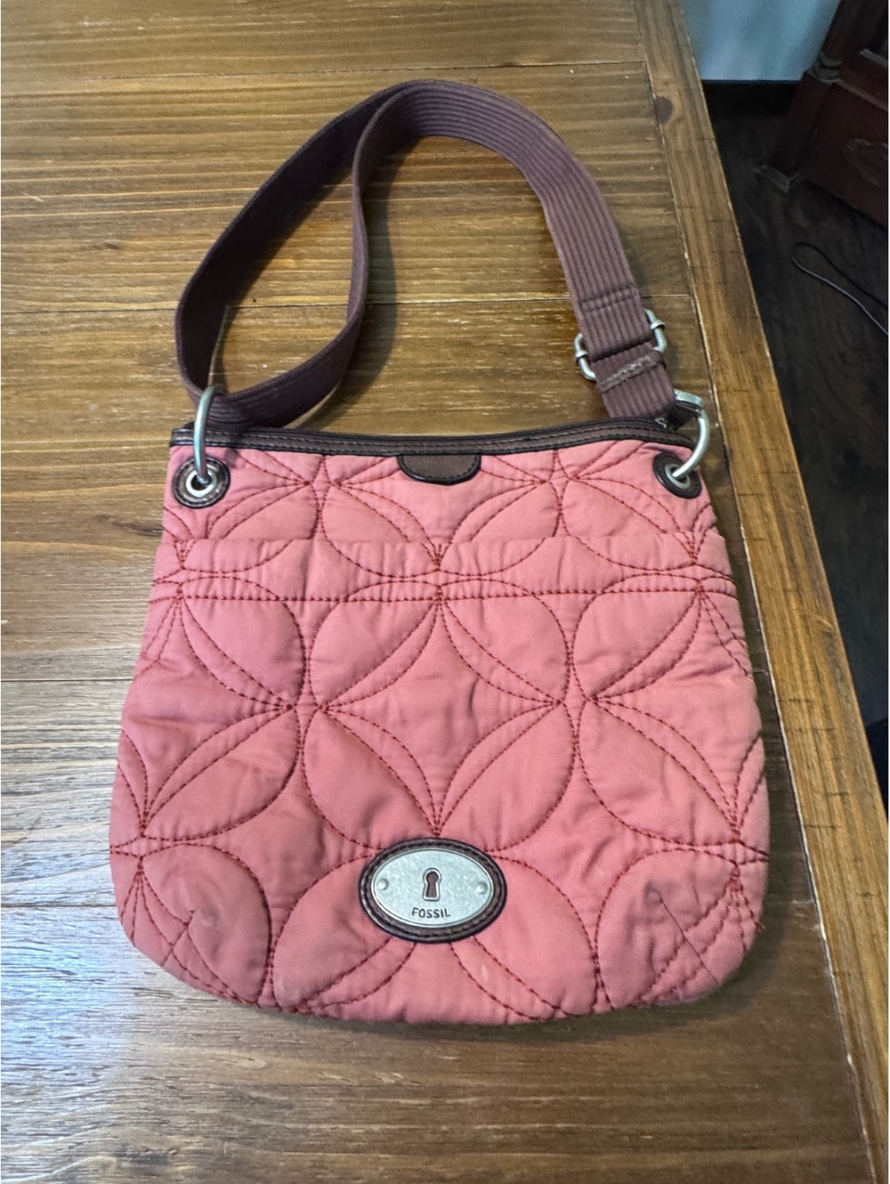 Fossil Key-Per Pink Quilted Nylon Shoulder Bag Brown Trim Y2K Purse